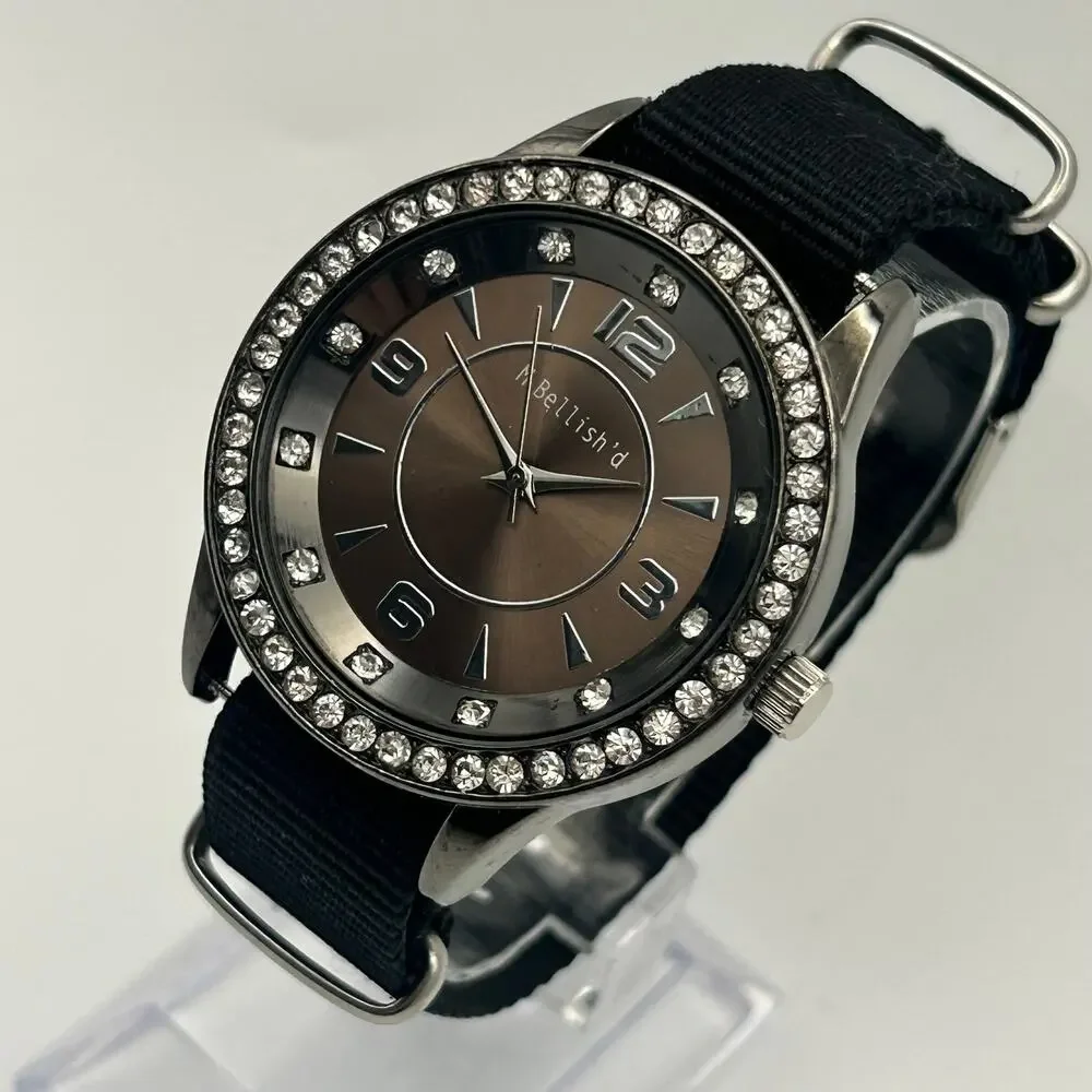 M. Bellish'd Crystal Bezel Black Fabric Strap Casual Analog Watch New Battery